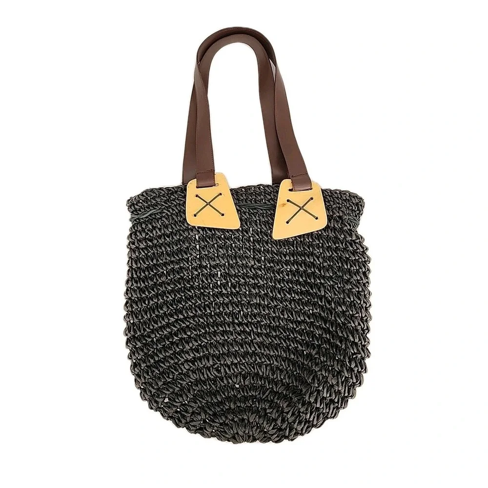 Straw, Leather & Wood Women's Tote Shoulder Handbag Black w/Brown Leather Straps